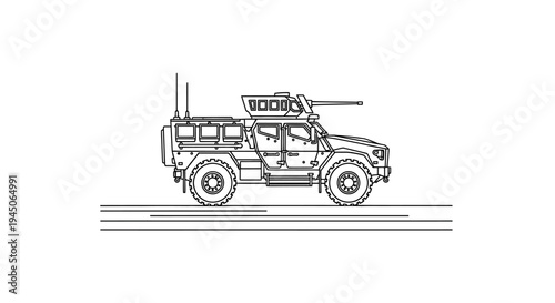 Armored Military Truck with Machine Gun - Line Art Illustration