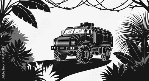Armored Military Truck Driving Through Dense Jungle with Vines and Tropical Plants