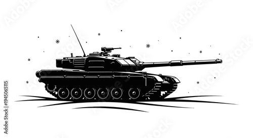 Black and White Illustration of a Modern Military Tank in a Starry Field