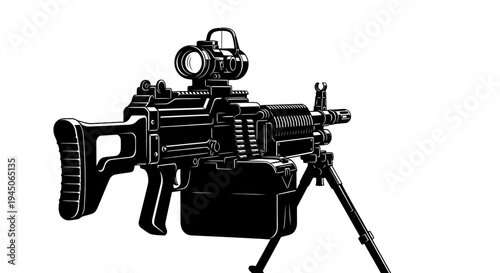 Black and White Illustration of an M249 SAW Machine Gun with Bipod and Optic