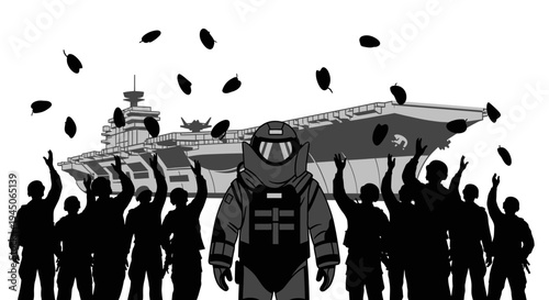 Bomb Disposal Expert Honored by Military Crew with Aircraft Carrier Background