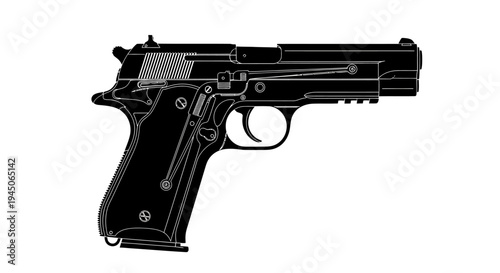 Black silhouette of a handgun, isolated on a white background, weapon icon