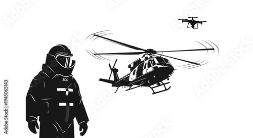 Drone and Helicopter Surveillance with Hazmat Suit Operator