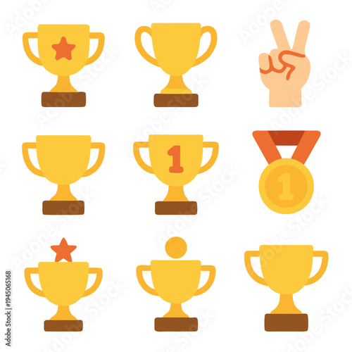 Gold trophies, medals, and a peace sign image set perfect for success and victory concepts in design projects. Suitable for awards.