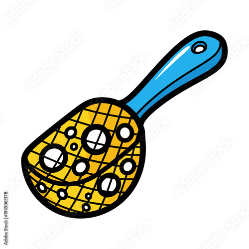 Colorful illustration of a mesh scoop with blue handle, isolated on a white background