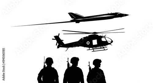 Military Aircraft and Soldiers Silhouette: Jet, Helicopter, Infantry