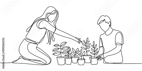 People planting houseplants continuous line vector illustration gardening concept minimal