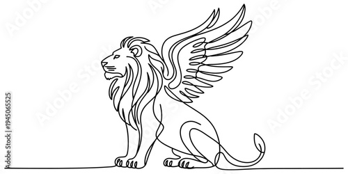 Winged lion griffin continuous line vector illustration fantasy creature design