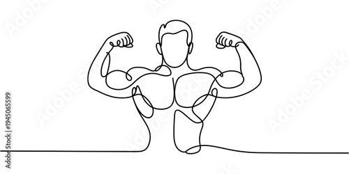 Strong bodybuilder flexing muscles continuous line vector illustration fitness concept