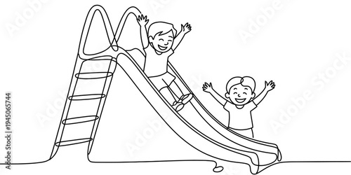 Happy children sliding playground slide continuous line vector illustration