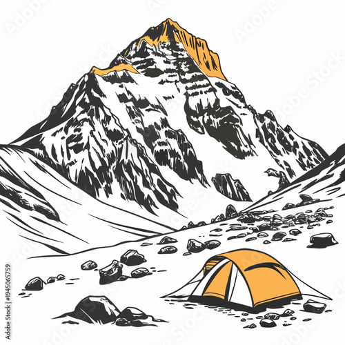 Single Tent in Front of Snowy Mountain rocks outdoor