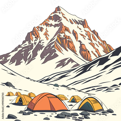 Snowy Mountain Camping Scene tents winter