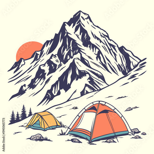 Tents in Front of Mountain at Sunset outdoor