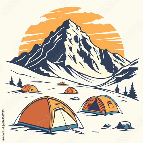 Snowy Mountain Camping Scene with Tents winter