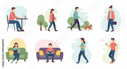 Set of People Engaging in Outdoor Leisure Activities and Daily Routines in Flat Illustration Style