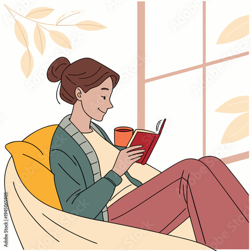 Woman sitting by window reading book with coffee