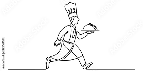 Chef running with serving tray continuous line vector illustration