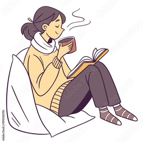 Woman sitting on bean bag chair reading book and drinking coffee