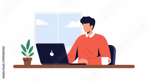 Man Working on Laptop at Desk in Flat Illustration Style