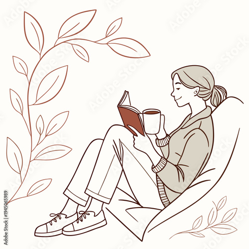 Woman reading book with leaves sitting