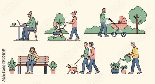 Set of People Engaging in Outdoor Leisure Activities and Daily Routines in Flat Illustration Style