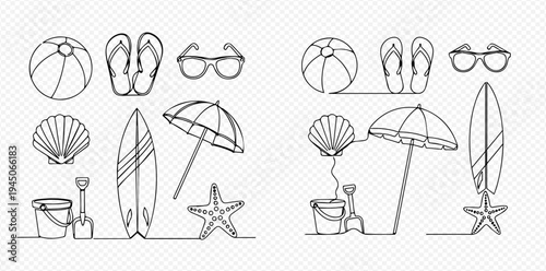 Continuous line drawing of various summer beach items including a beach ball, flip-flops, sunglasses, seashell, surfboard, umbrella, sand bucket, shovel, and starfish.
