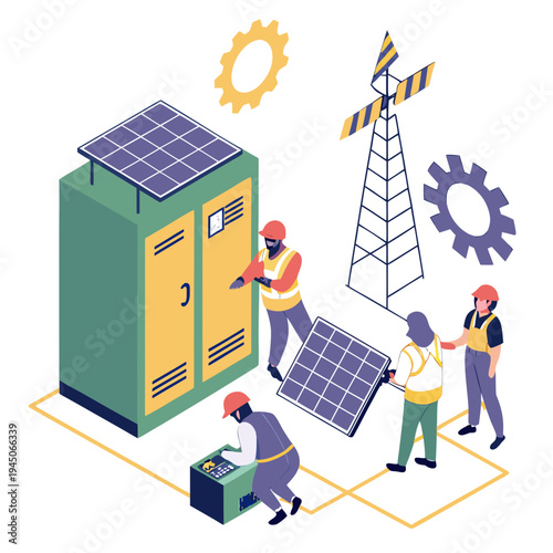 Workers installing solar panels and power equipment