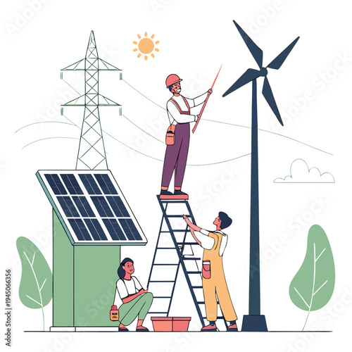 Workers installing solar panels and wind turbine installation