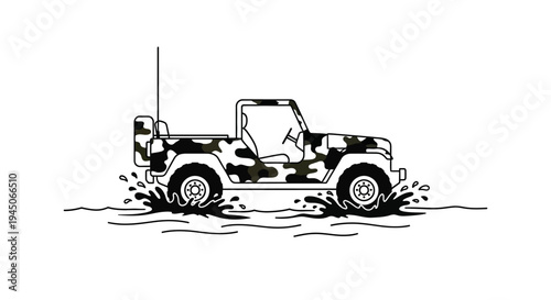 Camouflaged Military Jeep Driving Through Muddy Water, Off-Road Adventure