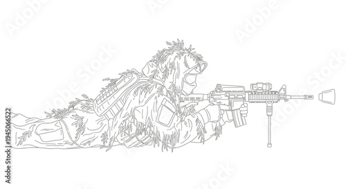 Camouflaged Soldier with Rifle in Prone Position, Military Sniper, Tactical Gear, Stealth Operation