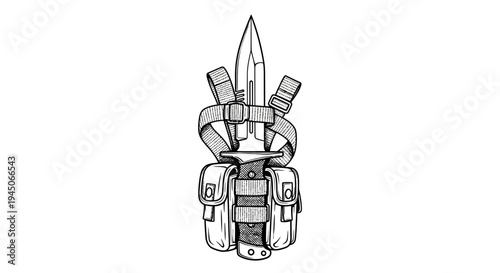 Combat Knife with Tactical Pouch and Straps - Military Gear Illustration