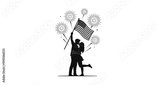 Couple Kissing Holding American Flag with Fireworks Silhouette