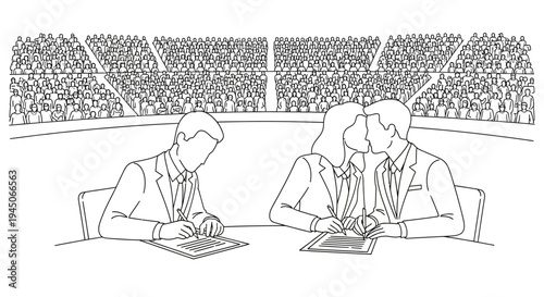 Couple kissing in front of audience while colleague works