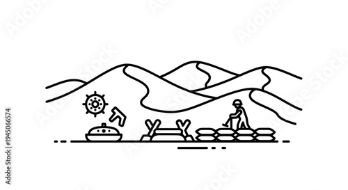 Desert Oasis Camp with Supplies and Soldier Silhouette