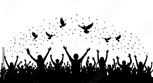 Crowd Cheering Silhouette with Birds and Confetti