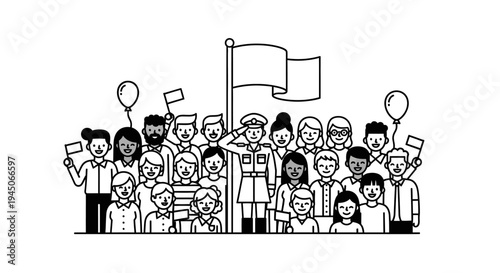 Diverse Crowd Salutes Soldier Under Flag