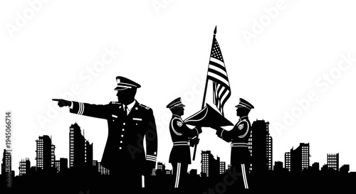 Military Commander Leading Troops with American Flag and City Skyline Silhouette
