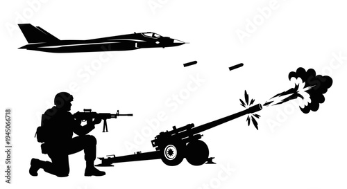 Military conflict: soldier fires rifle, artillery fires, jet fighter drops bombs