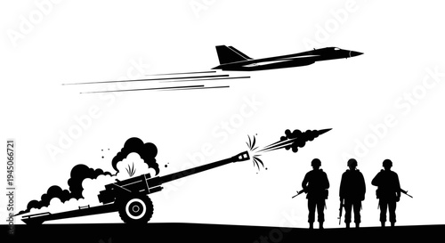 Military conflict: Artillery firing at jet fighter, soldiers watching