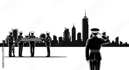 Military Funeral Honor Guard Carrying Casket with City Skyline Background