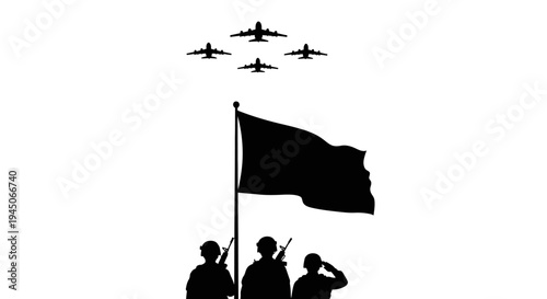 Military Formation: Soldiers Salute Flag with Airplanes Fly Over