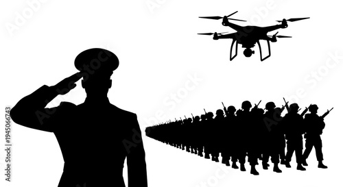 Military drone surveillance over saluting officer and marching soldiers