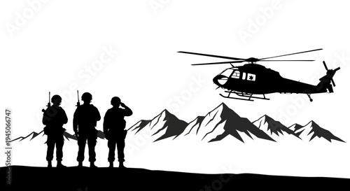 Military helicopter flies over mountains as soldiers stand guard in silhouette