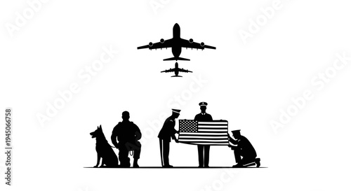 Military Funeral Honor Guard with Flag and Fighter Jets Flying Overhead