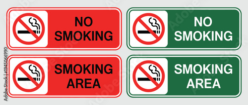 No Smoking Area and Smoking Area Sign, printable red stop symbol, cigarette prohibition icon, designated smoking zone indicator, public safety warning signage