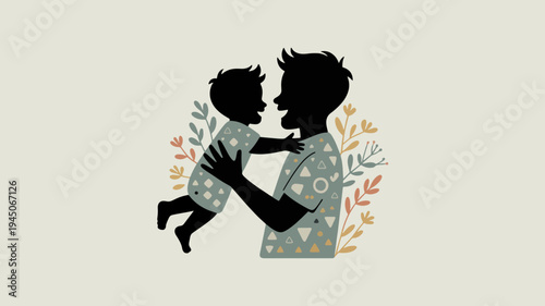 Silhouette of a man holding and lifting up a baby with colorful leaves in the background symbolizing love and family bonding in a natural setting
