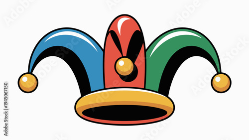 Colorful jester's hat with blue green and red sections gold accents and playful design elements on white background