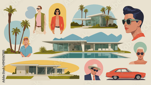 Retro 1950s suburban neighborhood scene with mid century modern homes palm trees and vintage cars evoking nostalgia and leisurely lifestyle