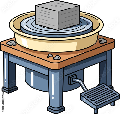 Illustration of Pottery wheel with clay block on table