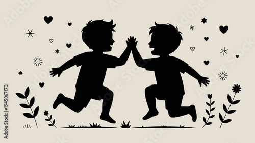 Two happy children running and giving high five in a field with flowers and hearts